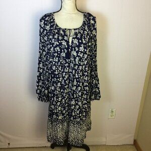 Old Navy Midi A-line Dress Sz L Womans Navy Blue Floral Empire Boho Long Sleeve